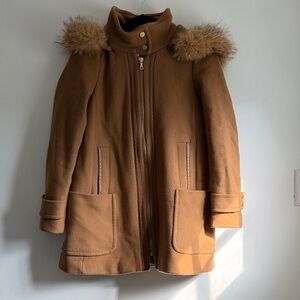 Trina Turk Tan Wool Coat with Coyote Fur Hood